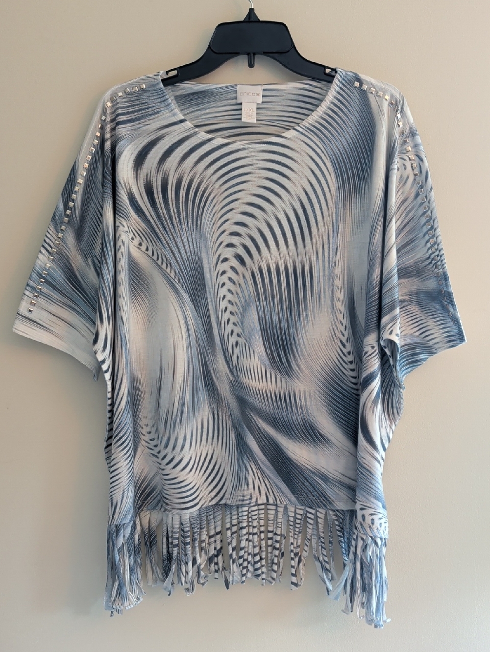 Chico’s Blue Geo Print Fringe Dolman Top – L/XL | Boho Style